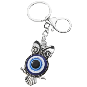 Creative owl keychain pendant with blue evil eye charm and silver alloy lobster clasp
