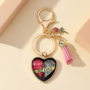 Porte-clés cœur commémoratif avec citation papa, pompon rose et breloque rose élégante