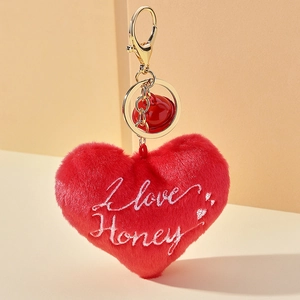 Porte-clés cœur en peluche rouge avec broderie I love Honey et anneau en métal doré