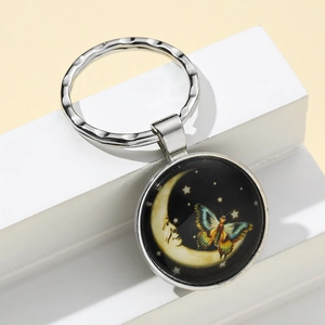 Vintage Alloy Glass Cabochon Keychain Moon Face Butterfly Starry Sky Retro Style Bag Pendant Key Ring Jewelry Accessory