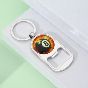 Polished silver metal 8-ball billiards keychain with integrated bottle opener tool