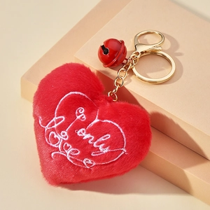 Porte-clés cœur en peluche rouge avec broderie I only Love et petite cloche dorée