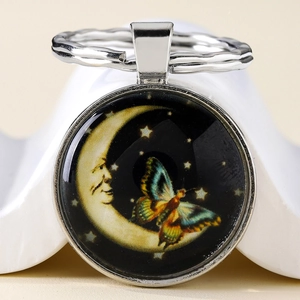 Vintage crescent moon and colorful butterfly glass cabochon keychain with silver alloy frame