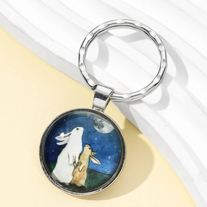 Porte-clés rétro avec cabochon en verre lapin et lune et anneau en métal pour sacs et voitures