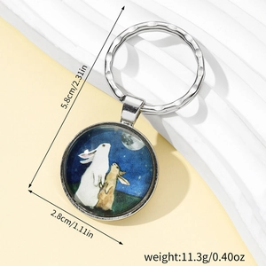 Porte-clés vintage lapin et lune en verre avec cadre en alliage pour sacs et voitures