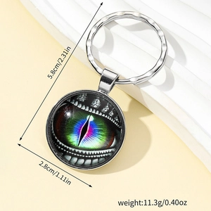 Detail showing dragon eye pendant dimensions with rainbow textures and glass gem finish