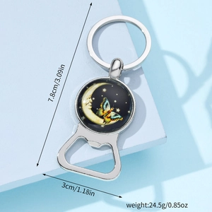 Polished alloy moon and butterfly bottle opener keychain with dimensions and weight info