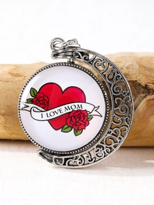 Detailed macro view of retro crescent moon pendant with I LOVE MOM heart and rose pattern