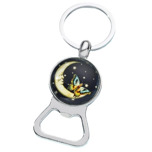 Vintage moon and butterfly metal bottle opener keychain gift in polished silver finish