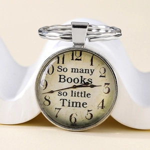 Vintage style pocket watch keychain with So Many Books So Little Time text design