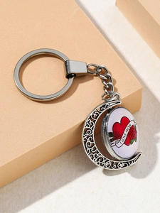 Detail of European silver heart keychain with I LOVE MOM crescent moon charm