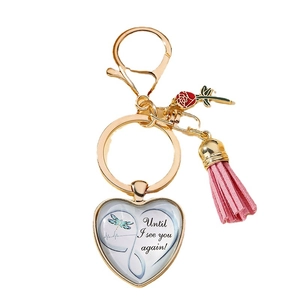 Heart-shaped time gem keychain with dragonfly design, pink tassel and rose pendant