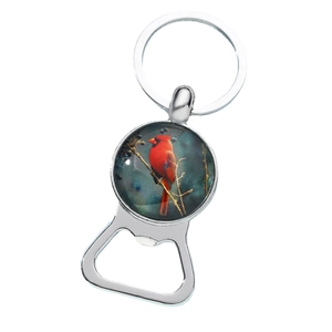 Silver metal keychain bottle opener featuring a red cardinal bird glass cabochon