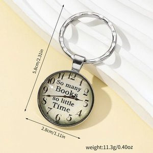 Vintage silver book lover keychain with time clock face and so many books so little time quote