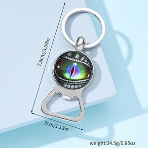 Detailed view of silver metal keychain bottle opener with dimensions and dragon eye design