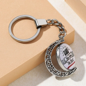 Father's Day silver moon keychain with DAD You are The Best glass pendant engraving
