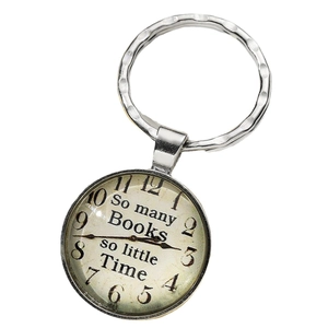 Vintage style keychain with clock dial pendant and So Many Books So Little Time quote