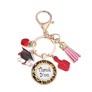 Thank You keychain with leopard print charm apple and graduation cap in gold finish