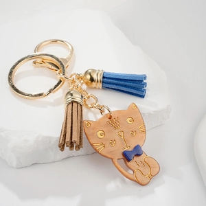 French Style Amber Cat Keychain With Blue Bow And Double Tassels Cute Resin Animal Bag Pendant Keyring For Women Gift