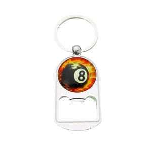 Metal 8-ball billiard bottle opener keychain with flame pattern and key ring