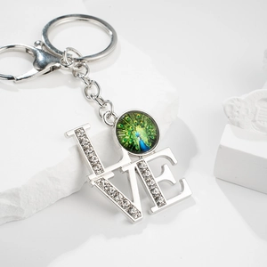 Peacock Feather Glass LOVE Keychain Rhinestone Metal Key Ring For Women Bag Car Ornament Gift Silver Tone Decoration
