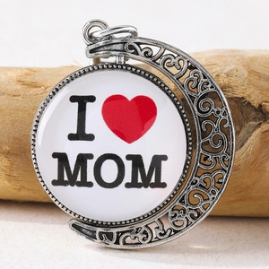 Vintage silver crescent moon keychain with I Love Mom heart pendant for Mother's Day gift