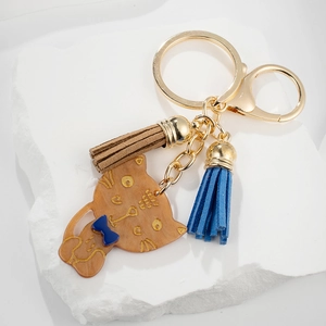 French style cute cat keychain with blue bow and amber texture resin kitten pendant