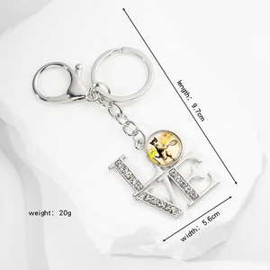 Creative silver cat gemstone pendant keychain with LOVE rhinestone charm for holiday gifts