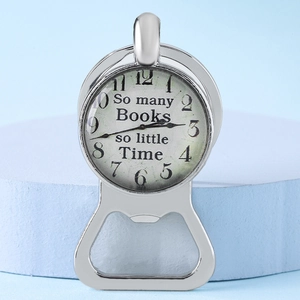 Vintage style metal bottle opener with glass cabochon featuring time quote design