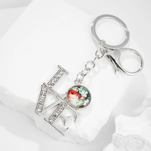 Silver LOVE keychain with sparkling rhinestones and colorful floral pendant charm