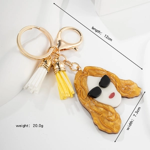 Porte-clés tendance avec pendentif fille en acrylique et pompons colorés avec fermoir doré