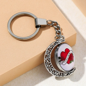Silver crescent moon keychain with heart rose design and I LOVE MOM engraving