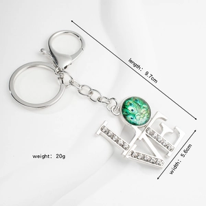 Peacock feather LOVE keychain with sparkling rhinestones and silver metal alloy lobster clasp