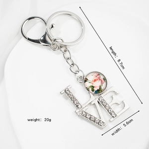 Porte-clés LOVE argenté avec gemme rose et strass pour cadeau de fête des mères