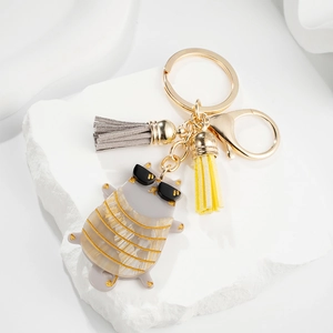 Cartoon Cat Keychain with Sunglasses and Tassels Metal Key Ring Acrylic Cat Pendant For Bag Decoration Gift Women Jewelry