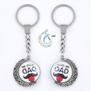 Silver metal 360-degree rotating moon keychain with I LOVE MY DAD glass cabochon