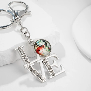 Mother's Day Fashion Silver Alloy LOVE Letter Keychain With Rhinestone Floral Glass Pendant Retro Keyring Bag Charm Gift