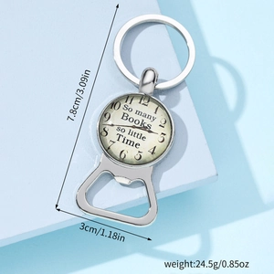 Vintage metal bottle opener keychain with glass gem clock and inspirational quote
