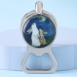 Cartoon rabbit and moon silver metal bottle opener keychain with glass gem illustration