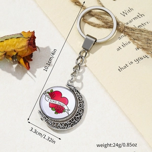 European style heart metal keychain with moon pendant and I Love Mom floral design