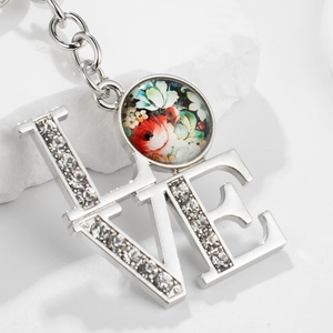 Silver LOVE keychain with sparkling rhinestones and vintage rose floral pendant charm