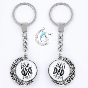 Rotating metal keychain with Moon frame and Best Dad ever world globe glass pendant