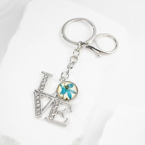 European vintage LOVE keychain with rhinestones and blue dried flower glass pendant