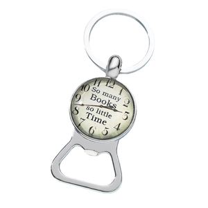 Vintage silver keychain bottle opener with So many Books so little Time clock design