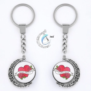 European style rotating moon keychain with I Love Mom heart design and silver alloy finish