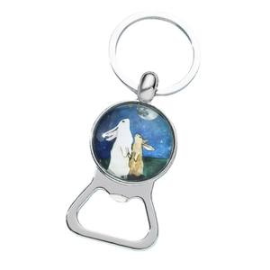 Cartoon rabbit moon gazing glass keychain with a built-in metal bottle opener function