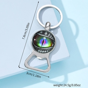 Polished metal dragon eye keychain bottle opener with a rainbow glass cabochon