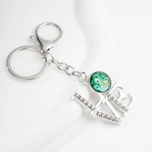 Peacock feather pattern LOVE keychain with sparkling rhinestones and lobster clasp