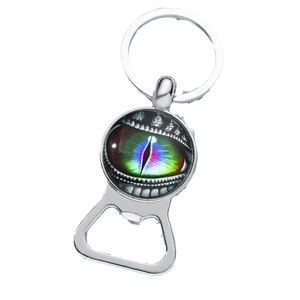Creative dragon eye glass cabochon bottle opener keychain with polished silver metal finish
