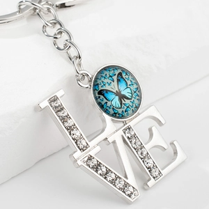 Blue butterfly glass gem LOVE keychain pendant with sparkling rhinestones in silver